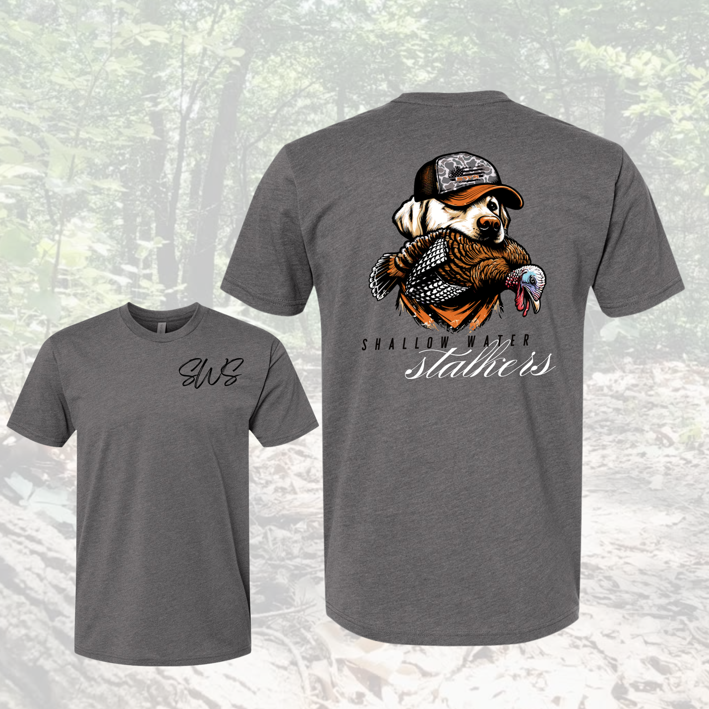 Gray t-shirt with a graphic of a dog holding a turkey and 'Shallow Water Stalkers' text on a nature background.