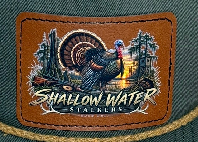 Shallow Water Stalkers Turkey Leather Patch Rope Trucker Hat Olive Green/Tan