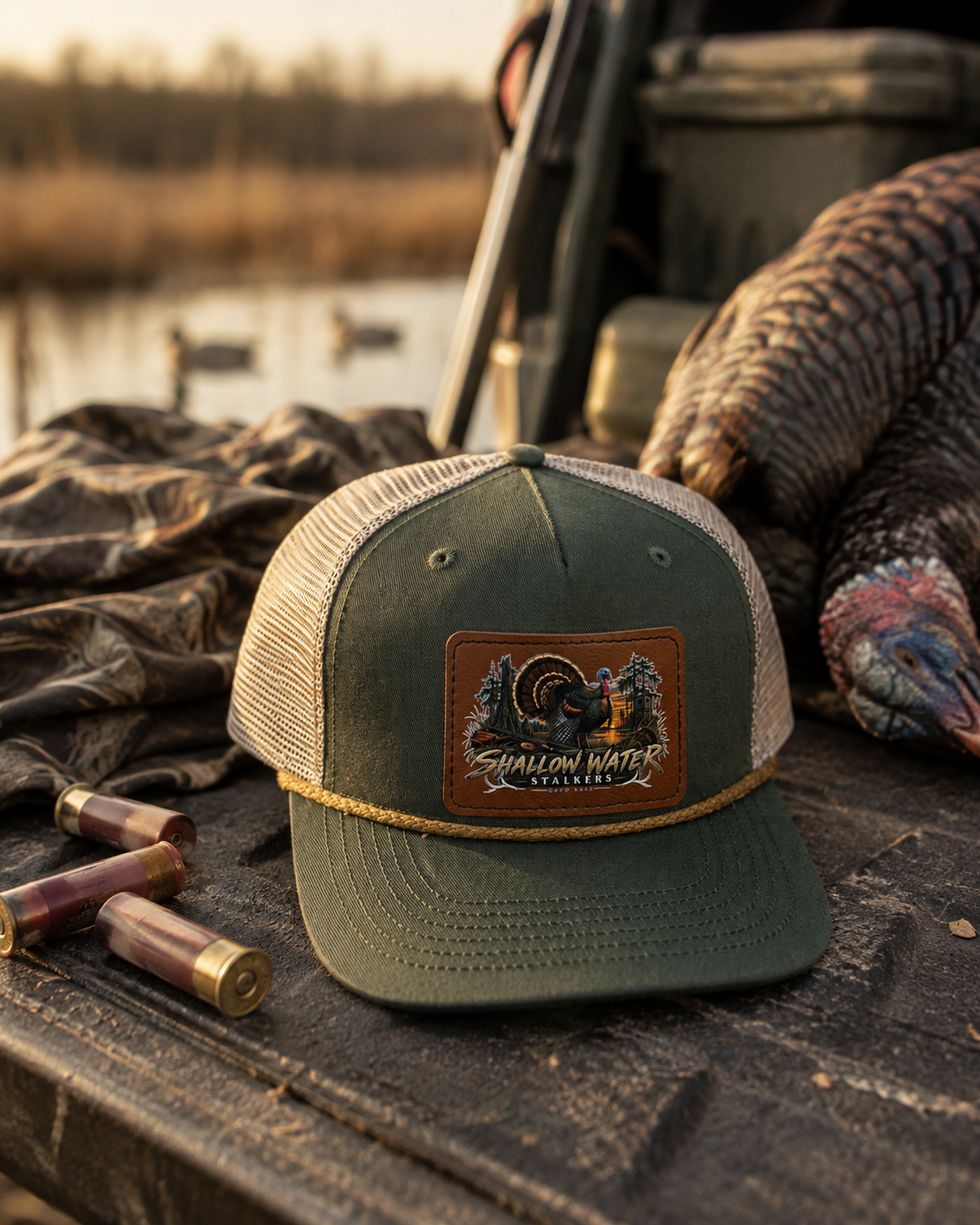 Shallow Water Stalkers Turkey Leather Patch Rope Trucker Hat Olive Green/Tan