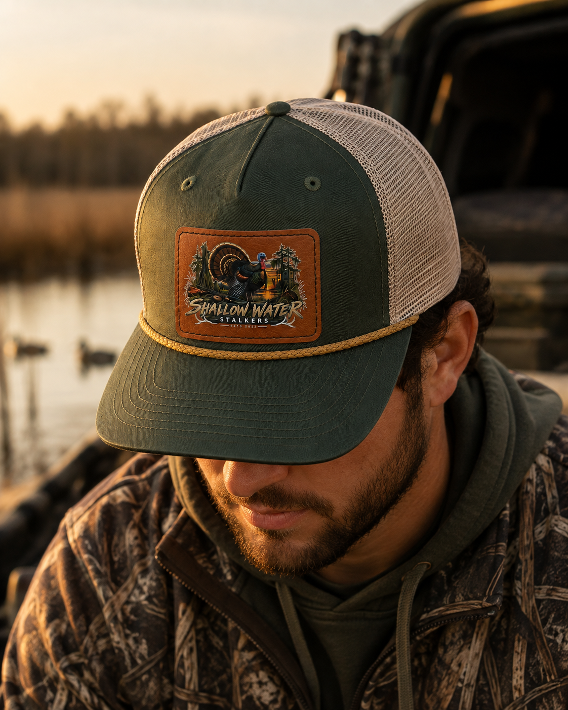 Shallow Water Stalkers Turkey Leather Patch Rope Trucker Hat Olive Green/Tan