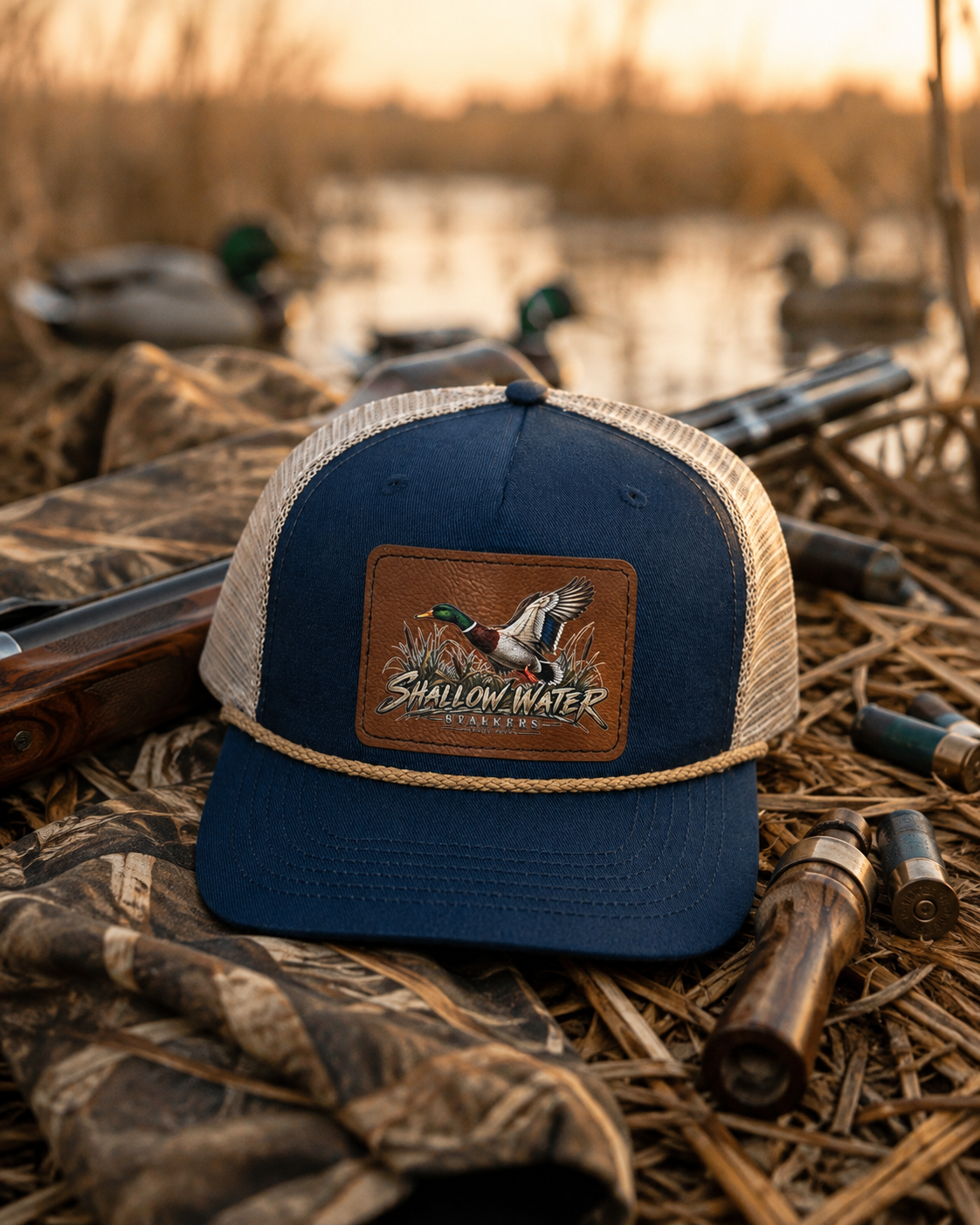 Shallow Water Stalkers Turkey Leather Patch Rope Trucker Hat Navy/Tan