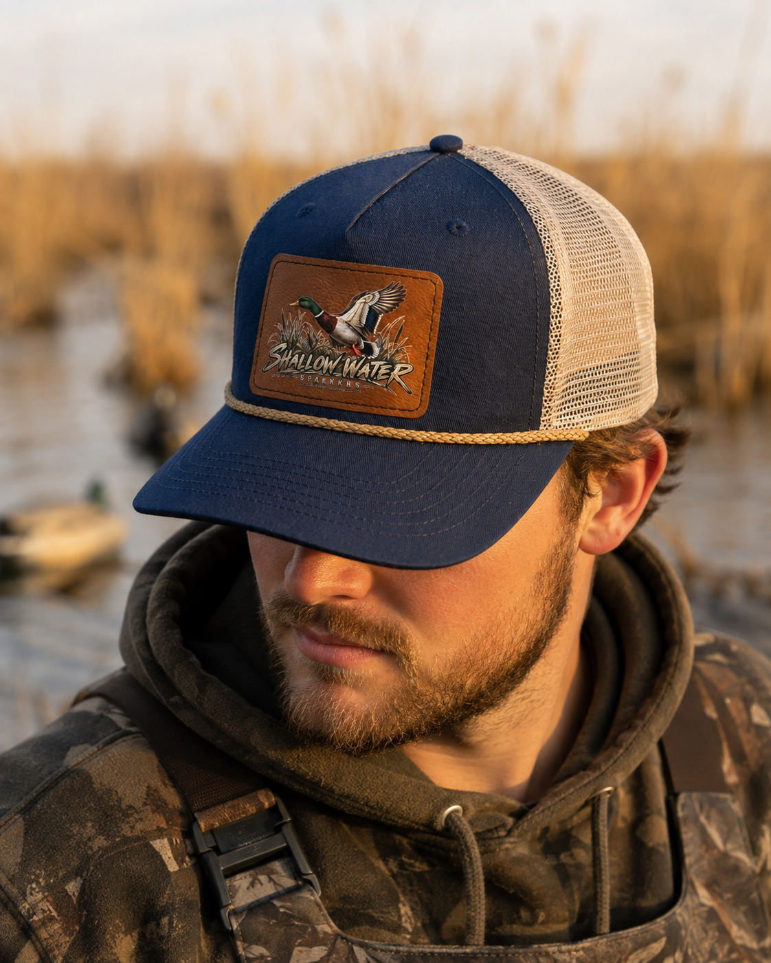 Shallow Water Stalkers Turkey Leather Patch Rope Trucker Hat Navy/Tan