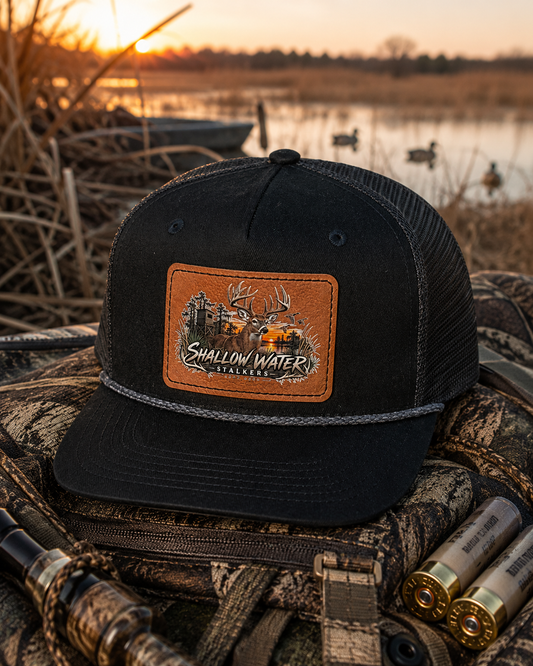 Shallow Water Stalkers Whitetail Deer Leather Patch Rope Trucker Hat – Black & Black