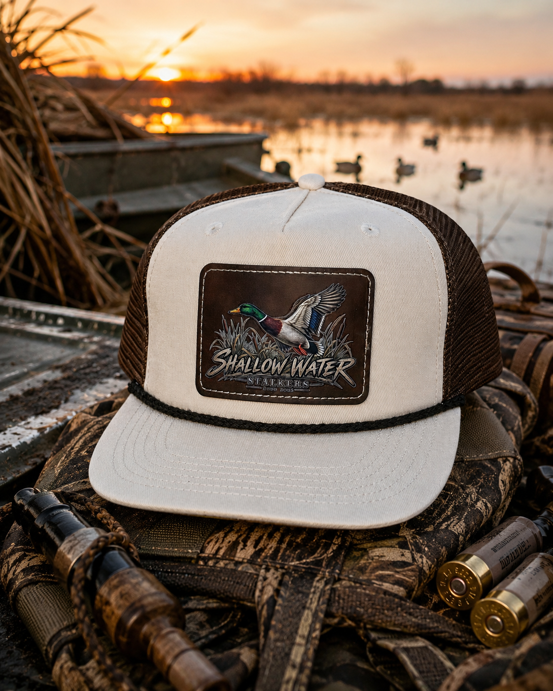 Shallow Water Stalkers Duck Leather Patch Rope Trucker Hat – Sand & Chocolate