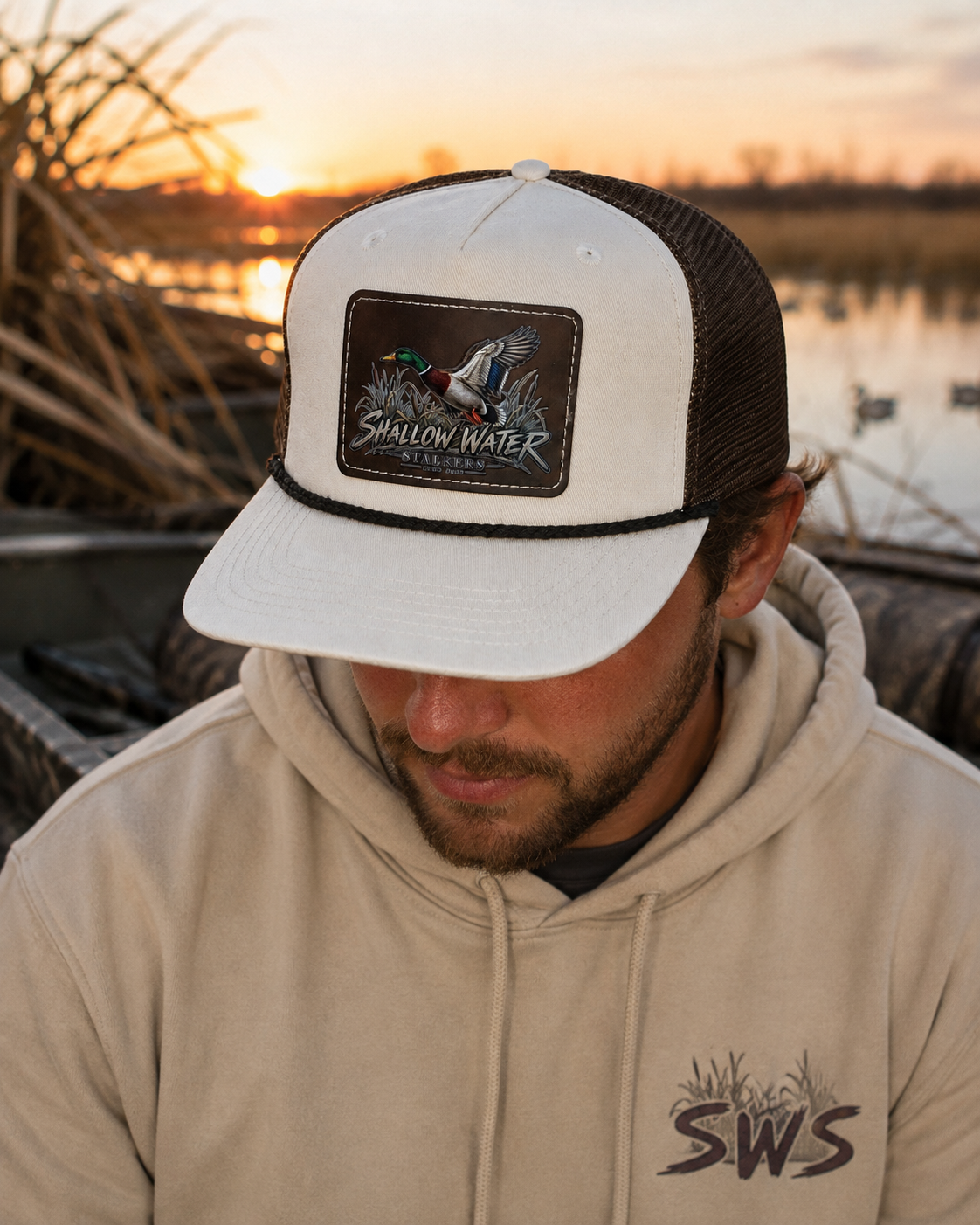 Shallow Water Stalkers Duck Leather Patch Rope Trucker Hat – Sand & Chocolate