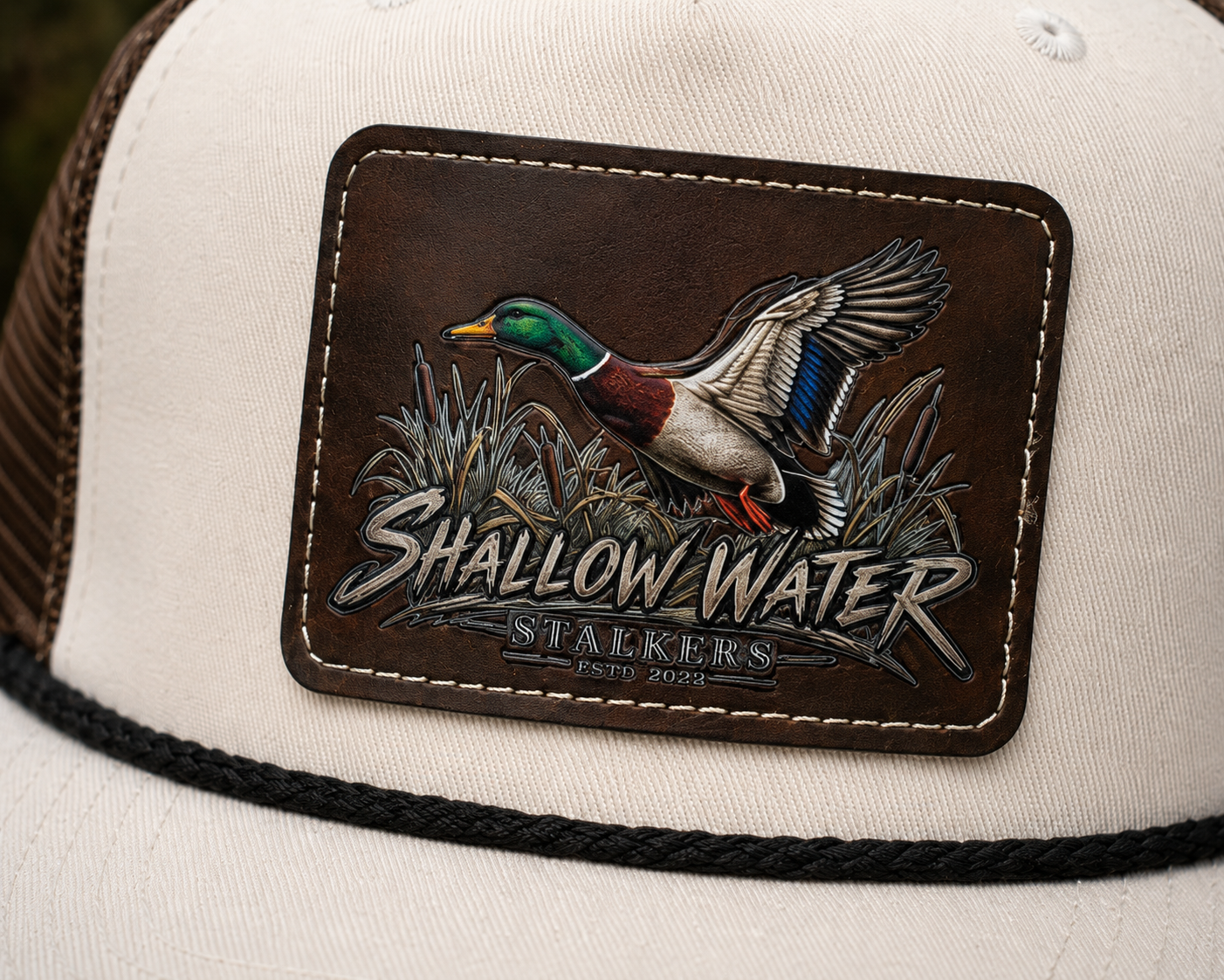 Shallow Water Stalkers Duck Leather Patch Rope Trucker Hat – Sand & Chocolate